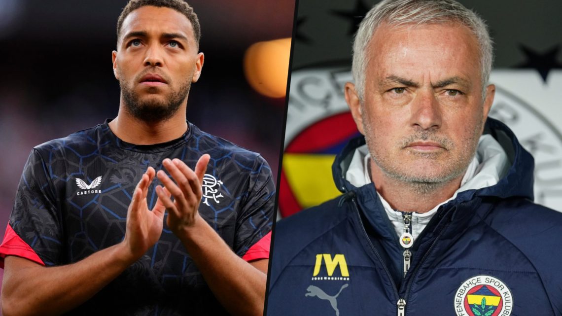 Split image of Cyriel Dessers in the warm up before Athletic Club vs Rangers and Jose Mourinho in the dugout for the Turkish Cup quarter-final betw...