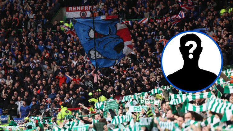 Rangers and Celtic fans during the Old Firm derby with the inset of a mystery player.