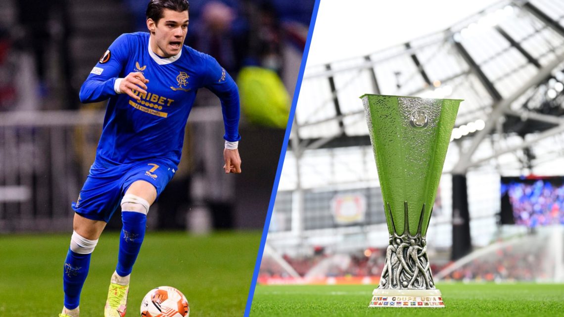 Split image of Ianis Hagi (left) and the Europa League trophy (right).