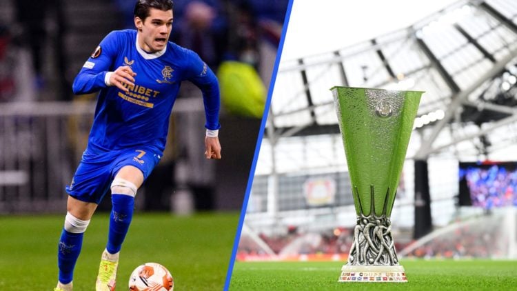 Split image of Ianis Hagi (left) and the Europa League trophy (right).