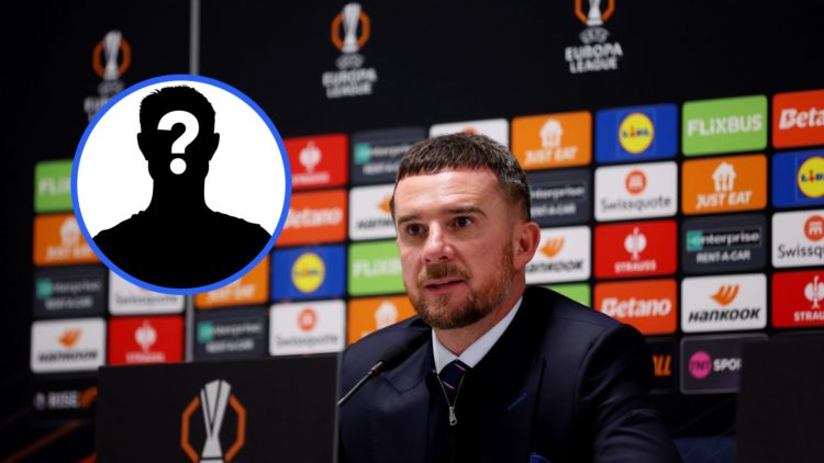Barry Ferguson addressing a press conference during Rangers v Athletic Club with inset of mystery player.