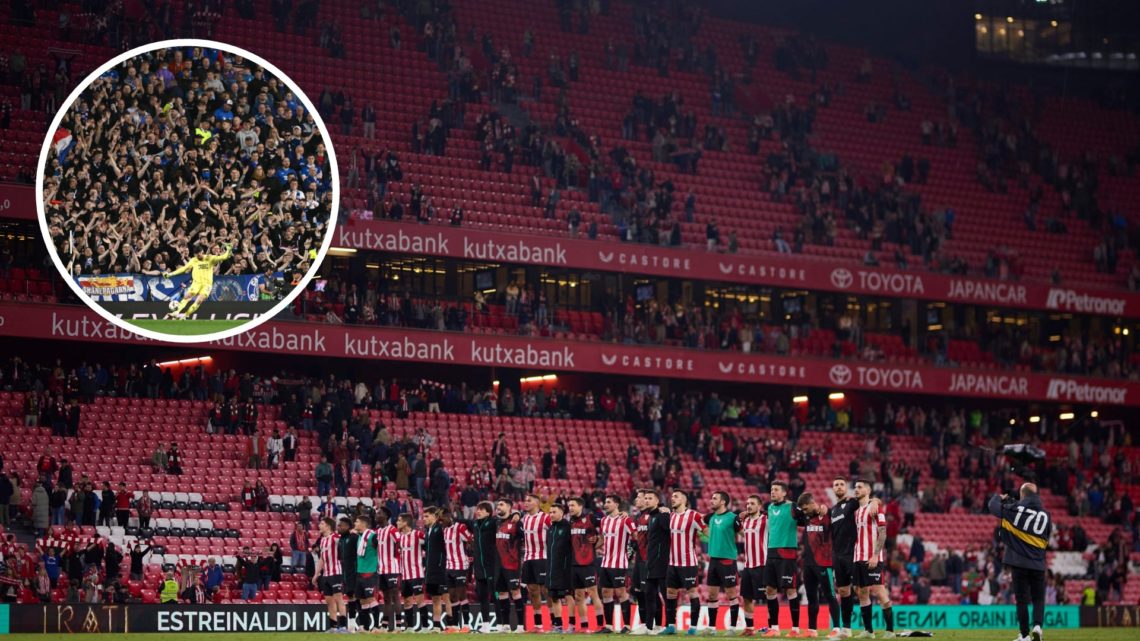 Image of the San Mames Stadium with circular inset of Rangers fans (L)