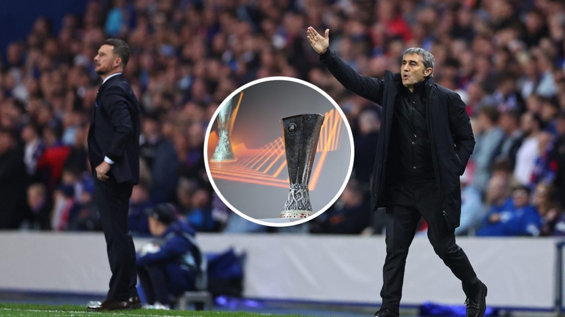 Image of Ernesto Valverde and Barry Ferguson with inset (C) of the Europa League trophy