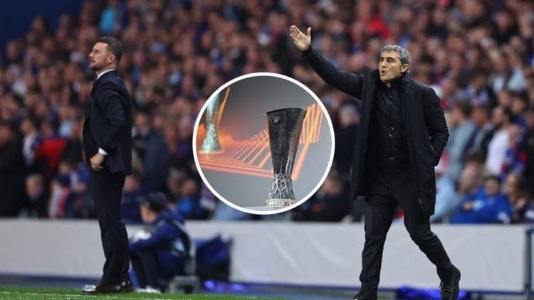 Image of Ernesto Valverde and Barry Ferguson with inset (C) of the Europa League trophy