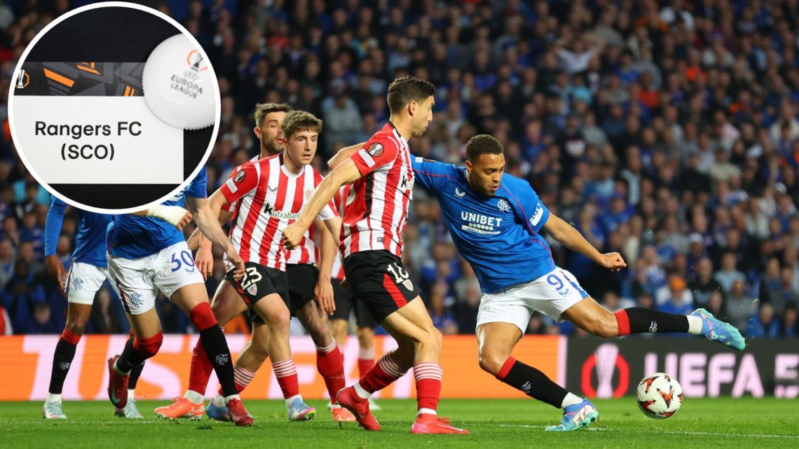 Image of Rangers vs Athletic club at Ibrox with inset (L) of Europa League draw