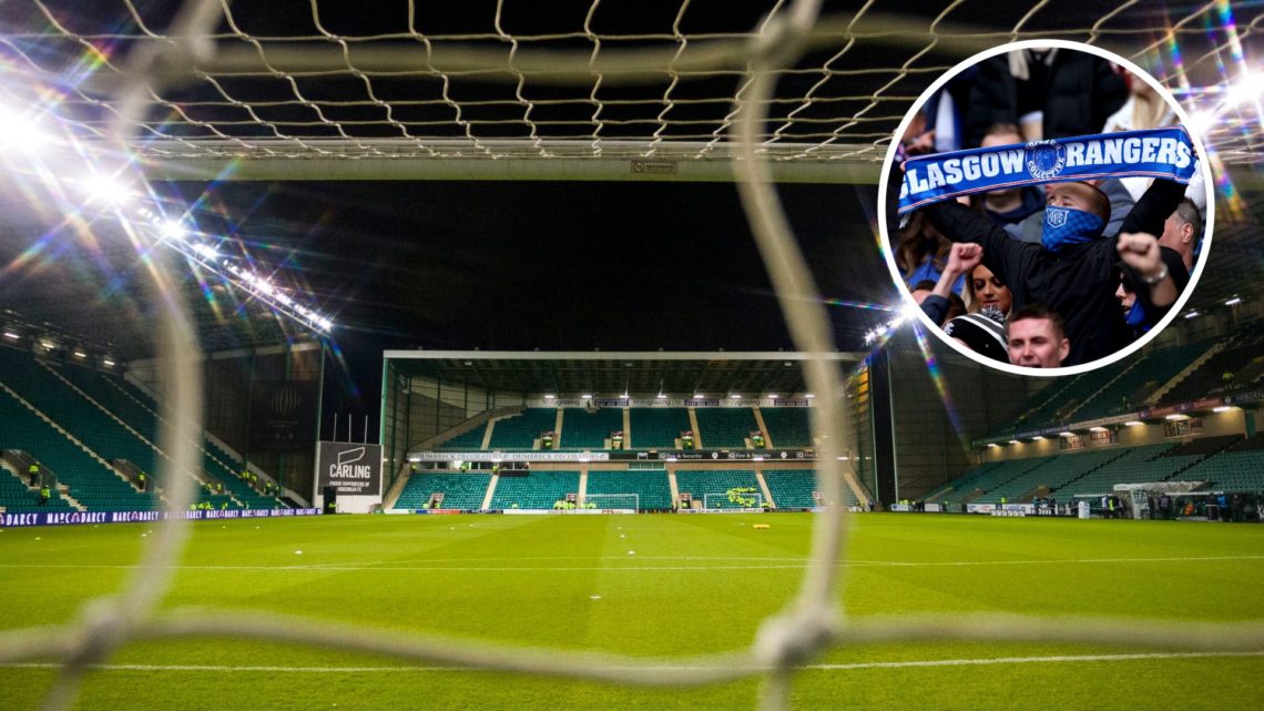 View of Easter Road through the net with inset of Rangers fan holding Rangers scarf.