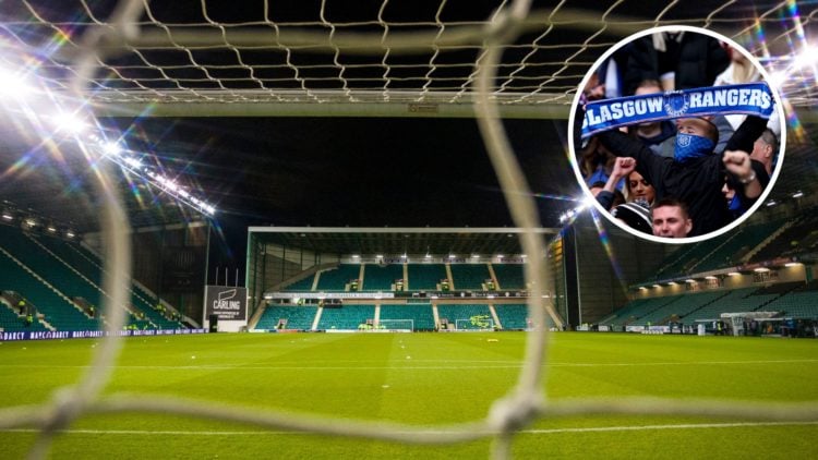View of Easter Road through the net with inset of Rangers fan holding Rangers scarf.