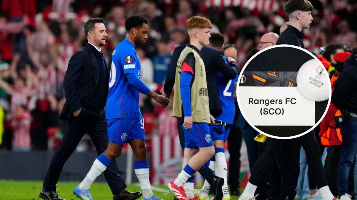 Image of Barry Ferguson and Rangers players with inset of Europa League draw (R)