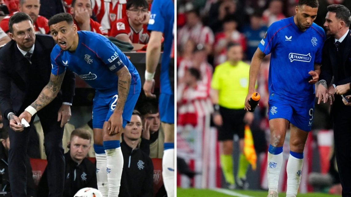Split image of Barry Ferguson giving instructions to James Tavernier (L) and Cyriel Dessers (R)