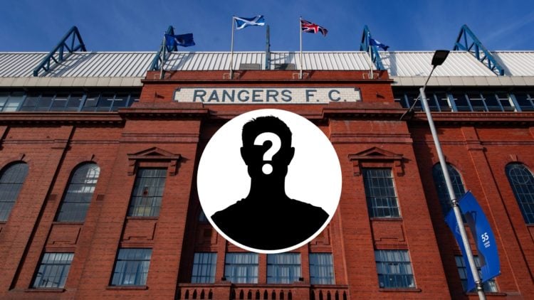 Image of Ibrox Stadium with inset (C) of a mystery player