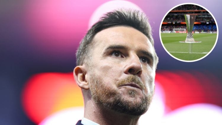 Image of Barry Ferguson with circular inset of the Europa League trophy (R)