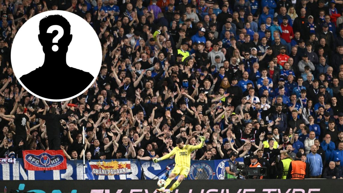 Image of Rangers fans at Ibrox with inset (L) of mystery player