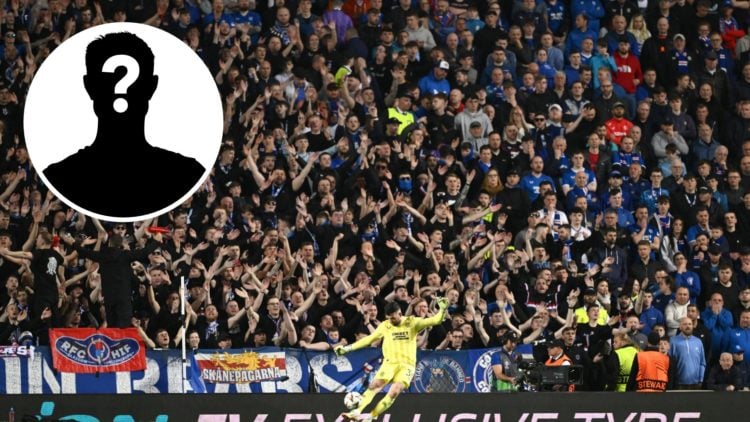 Image of Rangers fans at Ibrox with inset (L) of mystery player