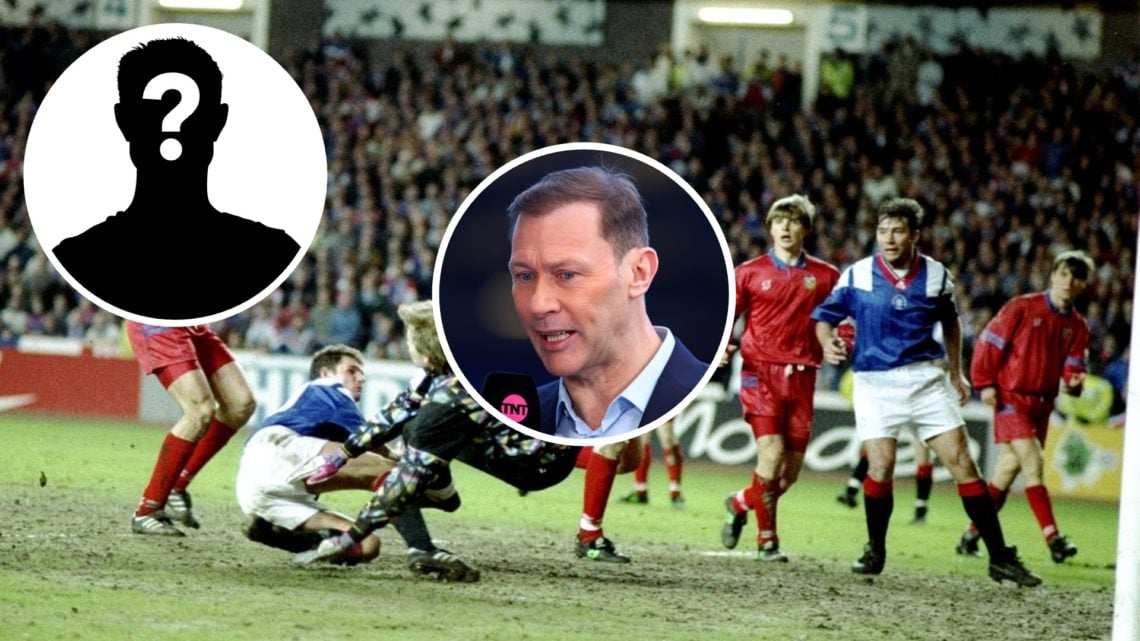 Image of Ally McCoist and Ian Durrant of Rangers with inset (C) of Duncan Ferguson and (L) of mystery player.