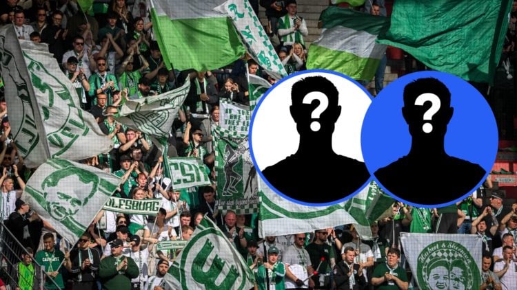 Photograph of Wolfsburg fans at the stadium with two mystery player inlays.
