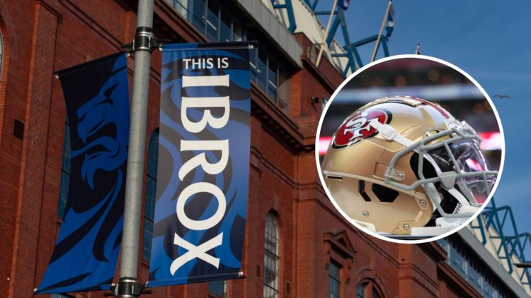 Image of Ibrox with inset (R) of San Francisco 49ers helmet
