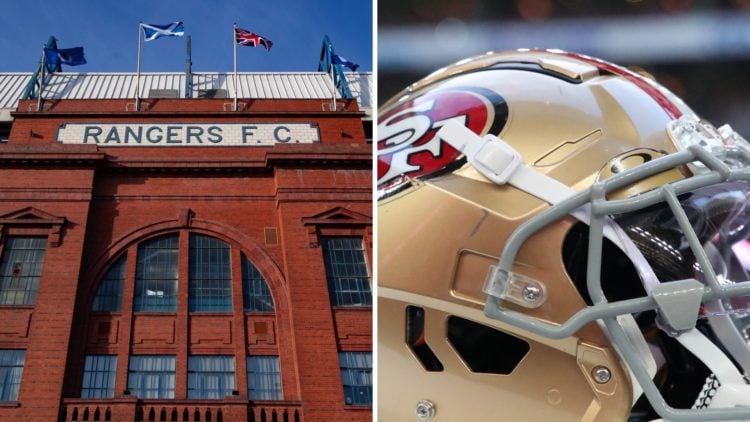 Split image of Ibrox stadium (L) and San Francisco 49ers helmet (R)