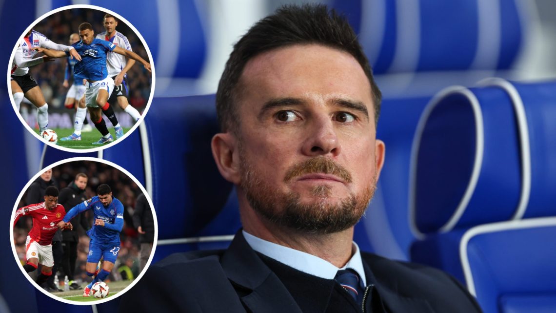 Image of Barry Ferguson with circular insets of Rangers v Man Utd and Rangers v Lyon (L)