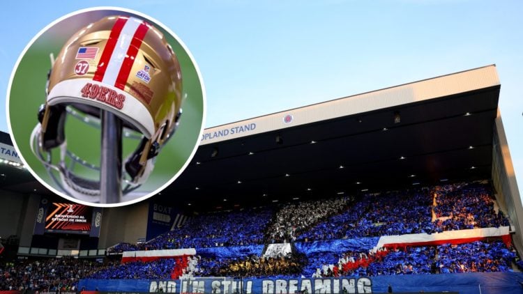 Image of Rangers fans with inset (L) of San Francisco 49ers helmet