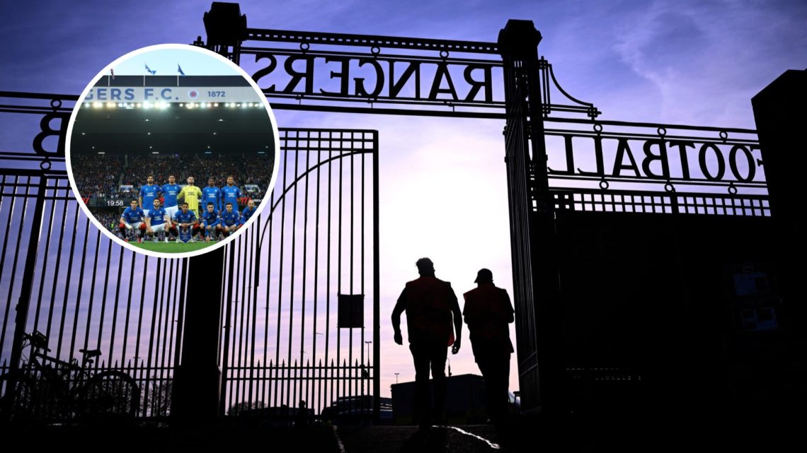 Image of the gates at Ibrox stadium with inset of Rangers squad