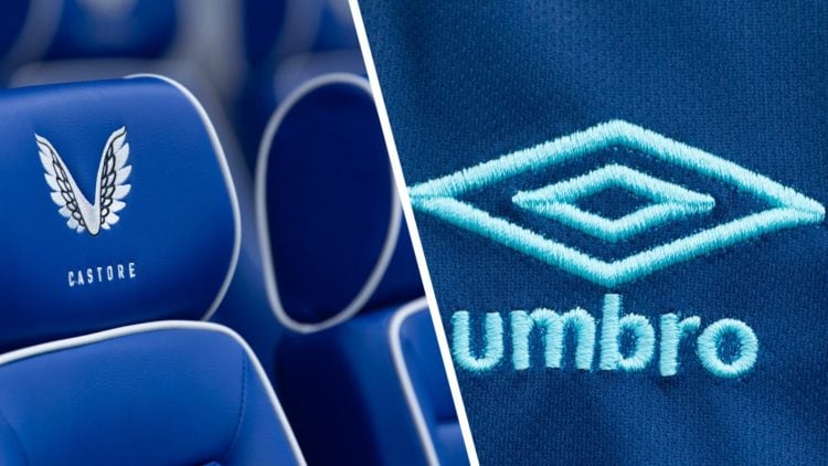 Split image of Castore seats at Ibrox stadium and of Umbro badge (R)