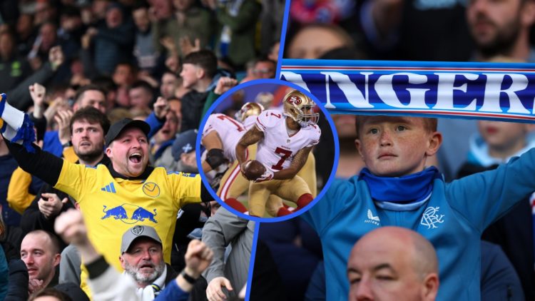 Split image of Leeds United fan (left) and Rangers fan (right) with an inset of San Francisco 49ers player.