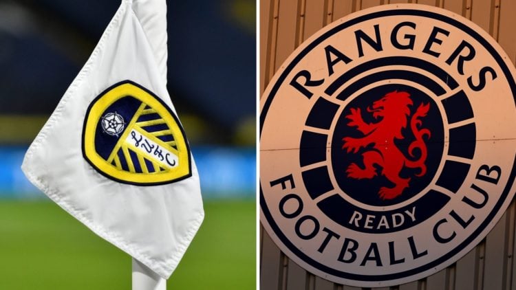 Split image of a Leeds Utd badge (L) on a corner flag and the Rangers badge (R)
