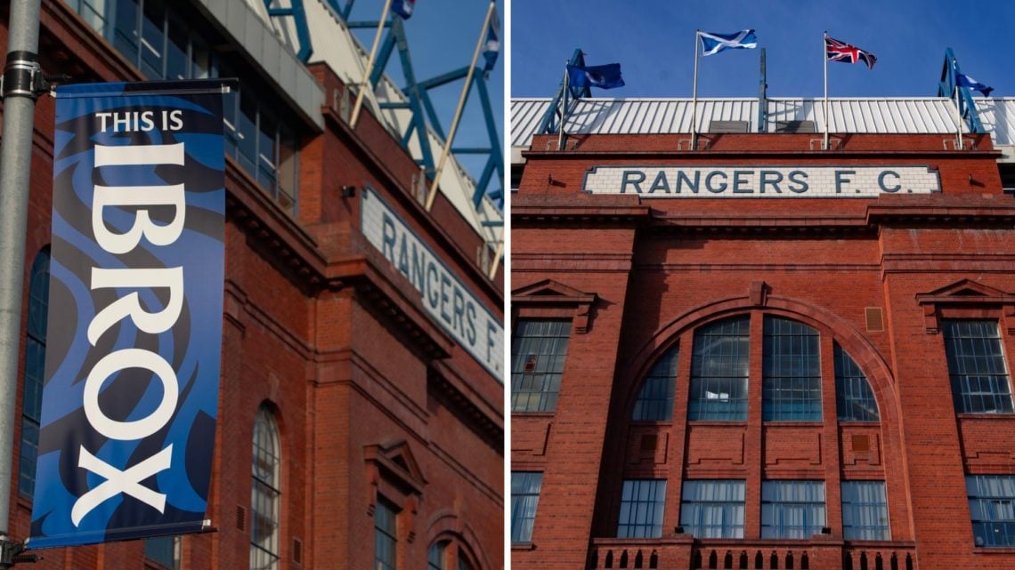 Split image of Ibrox stadium main stand with flag (L) and front of building (R)