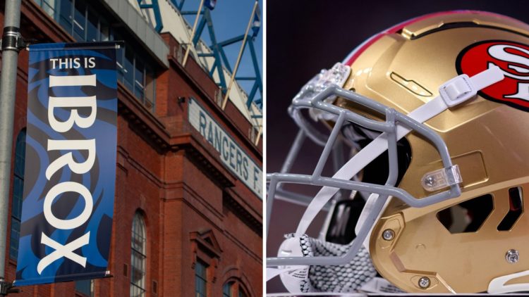 Split image of Ibrox stadium (L) and San Francisco 49ers helmet (R)