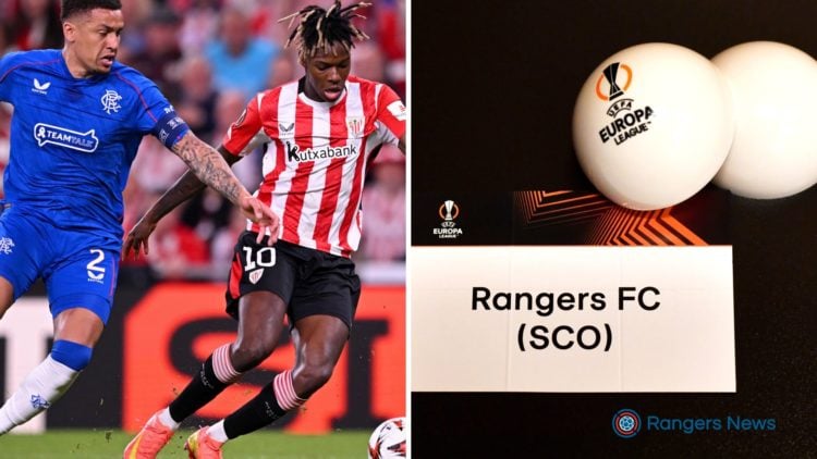 Split image of James Tavernier (L) and Rangers Europa League draw (R)