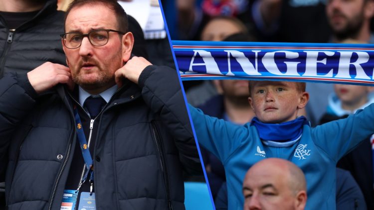 Split image of Kevin Thelwell (left) and young Rangers fan (right).