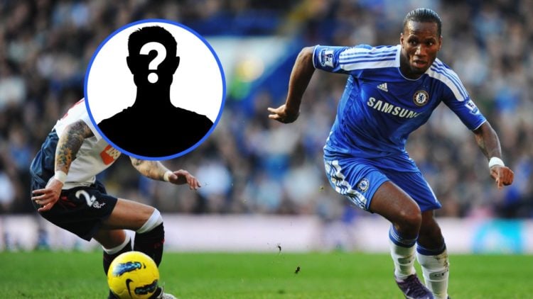 Obscured image of Gretar Steinsson (Bolton Wanderers) competing with Didier Drogba (Chelsea).