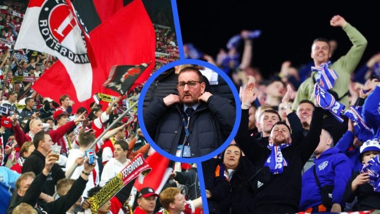 Split image of Feyenoord fans (left) and Rangers fans (right) with inset of Kevin Thelwell.