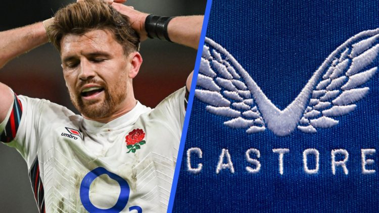 Split image of England Rugby’s Henry Slade (left) and the Castore badge on the Rangers jersey (right).