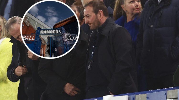 Image of Kevin Thelwell with inset (L) of Rangers gates at Ibrox.