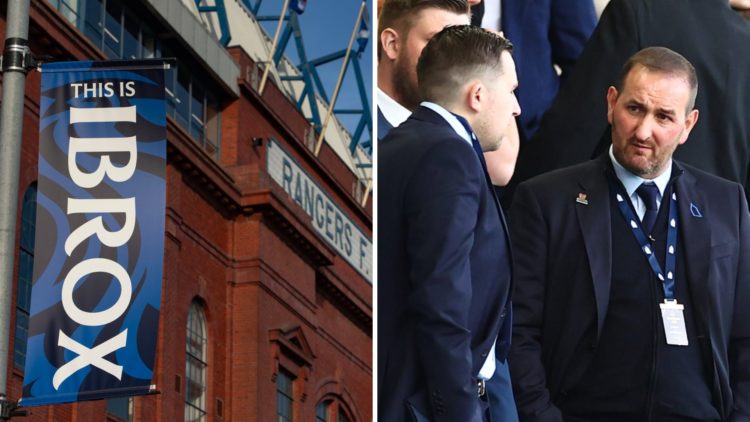 Split image of Ibrox Stadium and Kevin Thelwell (R).