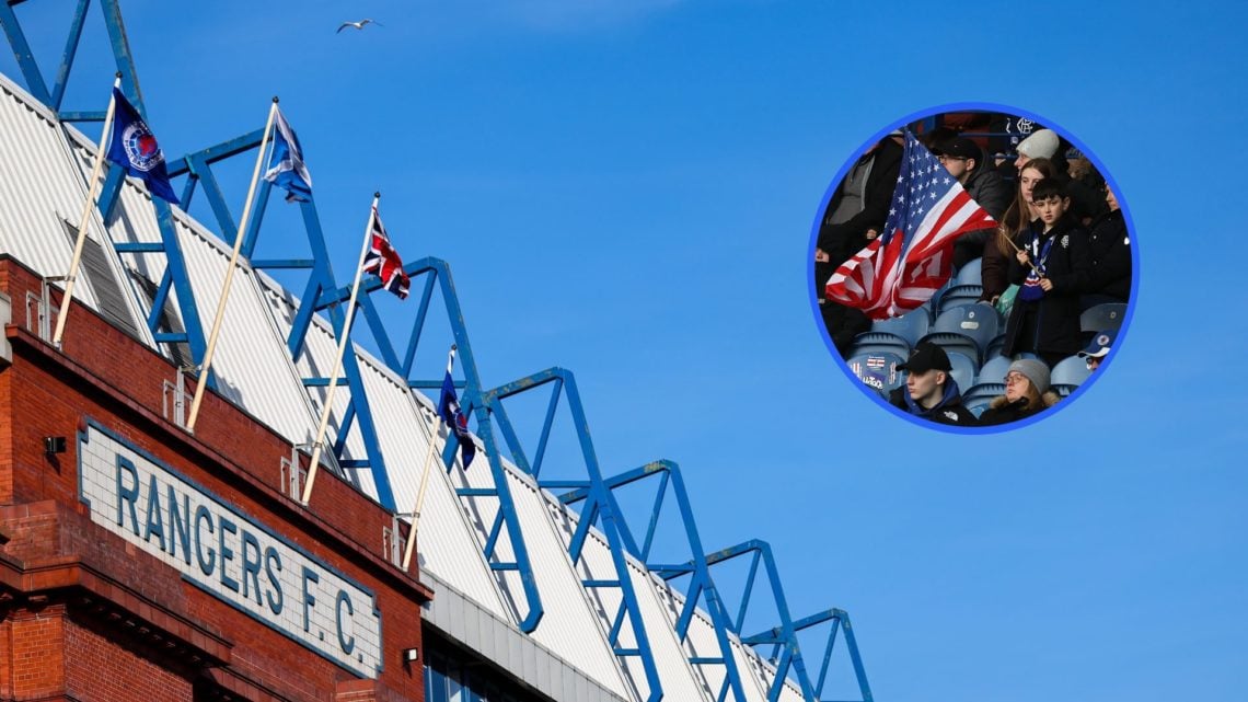 Image of the roof at Ibrox Stadium from the outside with an inset of a young Rangers fan waving a flag.