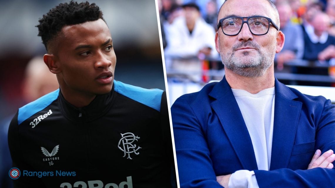 Split image of Oscar Cortes at Rangers and former RC Lens manager Franck Haise