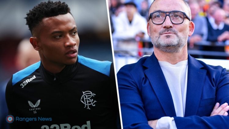 Split image of Oscar Cortes at Rangers and former RC Lens manager Franck Haise