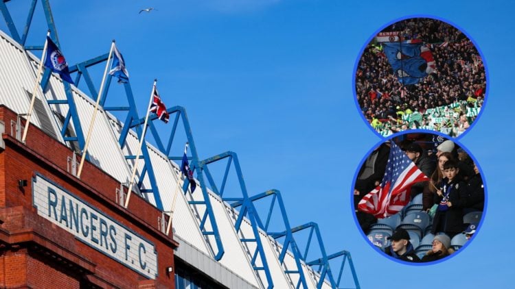 Image of the roof of Ibrox main stand from the outside with insets of Rangers fans at Celtic Park and a young Rangers fan waving an American flag.