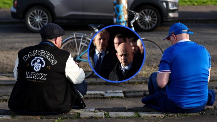 Two Rangers fans sit on the kerb outside Ibrox with their backs facing the camera, includes an inset of CEO Patrick Stewart.