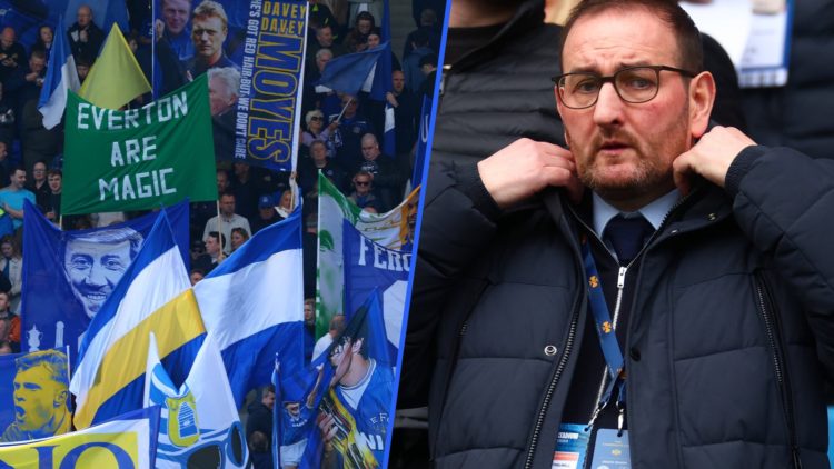 Split image of Everton fans (left) and Kevin Thelwell (right).