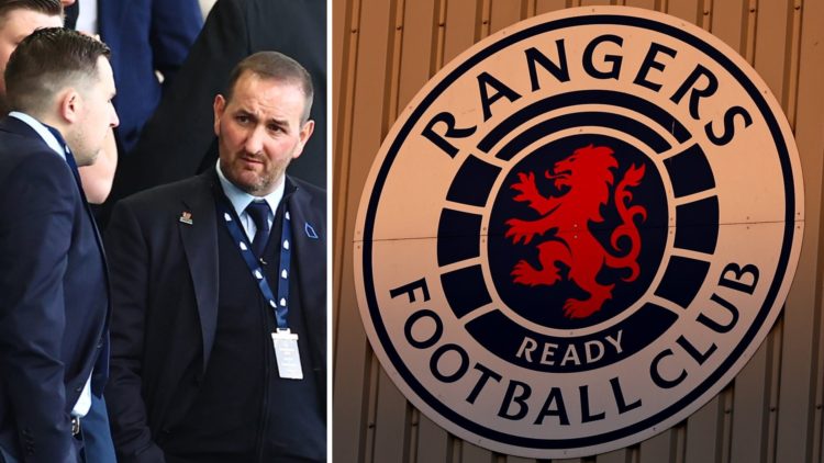 Split image of Kevin Thelwell (L) with Rangers badge (R)