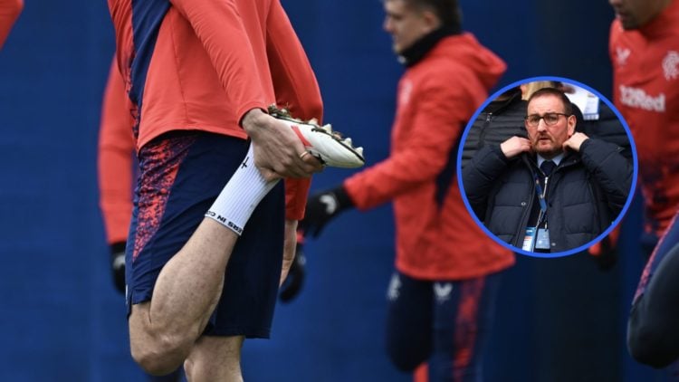 Image of unknown Rangers player stretching at club’s training ground with inset of Kevin Thelwell.