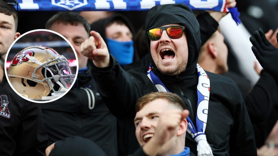 Image of Rangers fans with inset of San Francisco 49ers helmet (L)