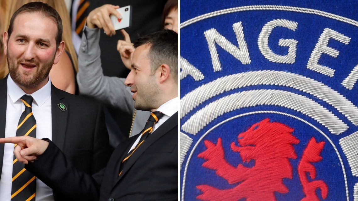 Split image of Kevin Thelwell (L) with a Rangers badge (R)