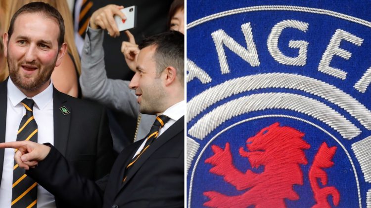 Split image of Kevin Thelwell (L) with a Rangers badge (R)