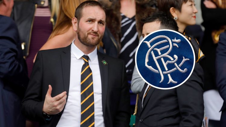 Image of Kevin Thelwell with inset (R) of Rangers badge
