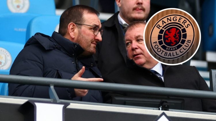 Image of Kevin Thelwell with inset of Rangers badge (R)