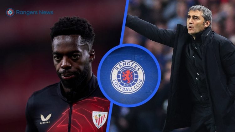 Split image of Inaki Williams (left) and Ernesto Valverde (right) with an inset of the Rangers badge.
